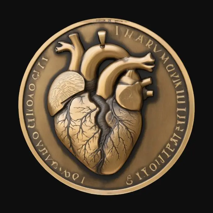 3D model for A coin with a realistic heart being pulled apart on the front and the phrase I will gladly tear myself in two and give a piece of me to you on the back
