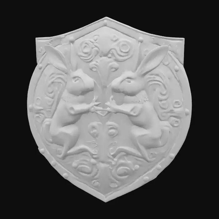 3D model for #emblem#, a shield with two bunnies in fighting stance mideval style 