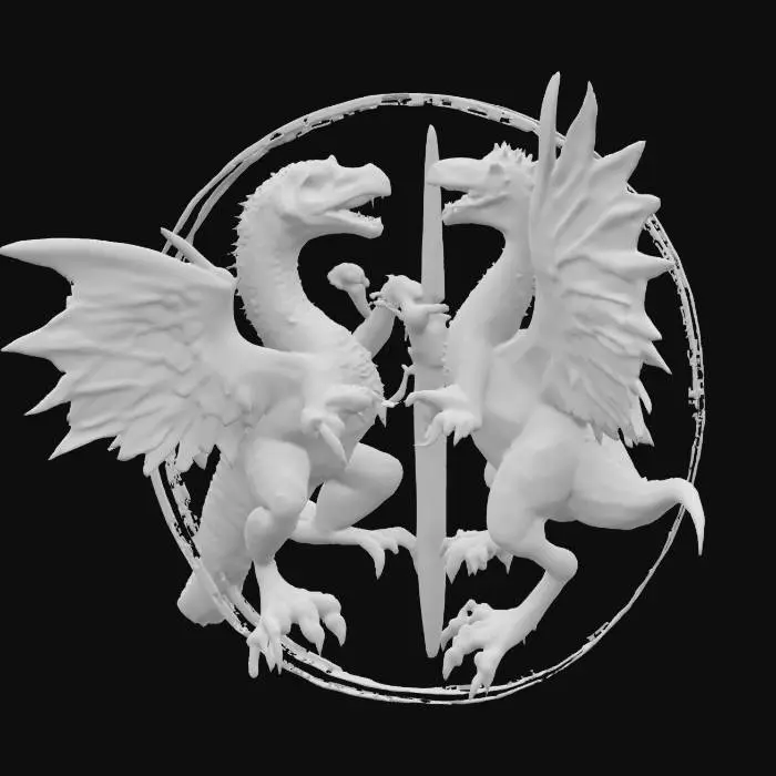 3D model for #emblem#, two velociraptor fighting medieval style