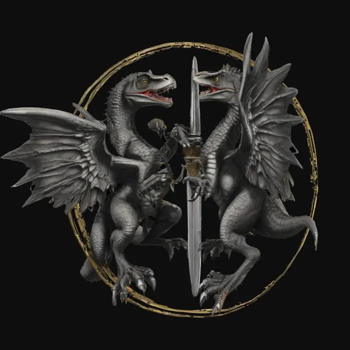 3D model for #emblem#, two velociraptor fighting medieval style