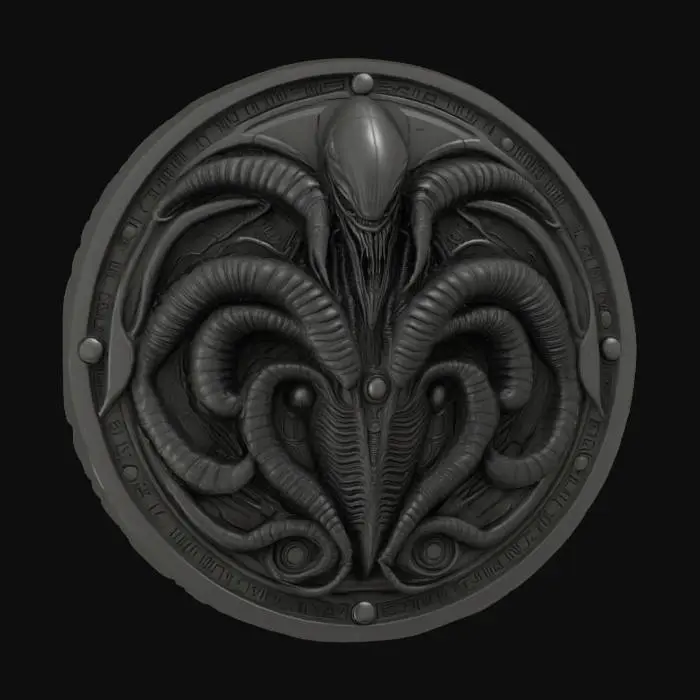 3D model for #emblem#, alien, creature hr giger style biomech coin