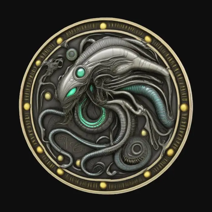 3D model for #emblem#, alien, creature hr giger style biomech coin