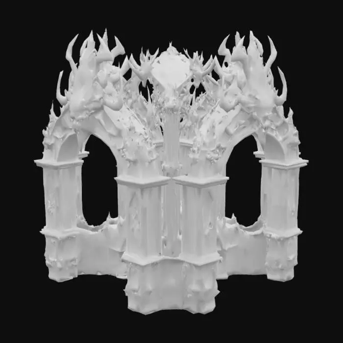 3D model for An arch demon gate stands as a towering, asymmetrical structure carved from ancient, jagged obsidian and fused with corrupted, dark bronze. Its rough, almost molten surface reveals intricate, grotesque carvings of snarling faces and twisted limbs, glowing with an internal, hellish red light that pulses through its cracks. The massive, sharp archway appears cold and abrasive to the touch, framed by monstrous, fanged columns.