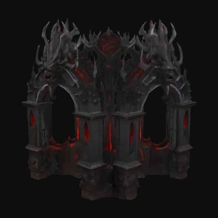 3D model for An arch demon gate stands as a towering, asymmetrical structure carved from ancient, jagged obsidian and fused with corrupted, dark bronze. Its rough, almost molten surface reveals intricate, grotesque carvings of snarling faces and twisted limbs, glowing with an internal, hellish red light that pulses through its cracks. The massive, sharp archway appears cold and abrasive to the touch, framed by monstrous, fanged columns.