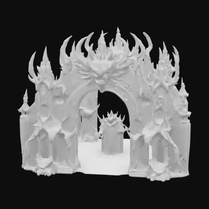 3D model for An arch demon gate stands as a towering, asymmetrical structure carved from ancient, jagged obsidian and fused with corrupted, dark bronze. Its rough, almost molten surface reveals intricate, grotesque carvings of snarling faces and twisted limbs, glowing with an internal, hellish red light that pulses through its cracks. The massive, sharp archway appears cold and abrasive to the touch, framed by monstrous, fanged columns.
