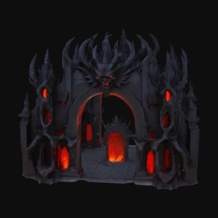 3D model for An arch demon gate stands as a towering, asymmetrical structure carved from ancient, jagged obsidian and fused with corrupted, dark bronze. Its rough, almost molten surface reveals intricate, grotesque carvings of snarling faces and twisted limbs, glowing with an internal, hellish red light that pulses through its cracks. The massive, sharp archway appears cold and abrasive to the touch, framed by monstrous, fanged columns.
