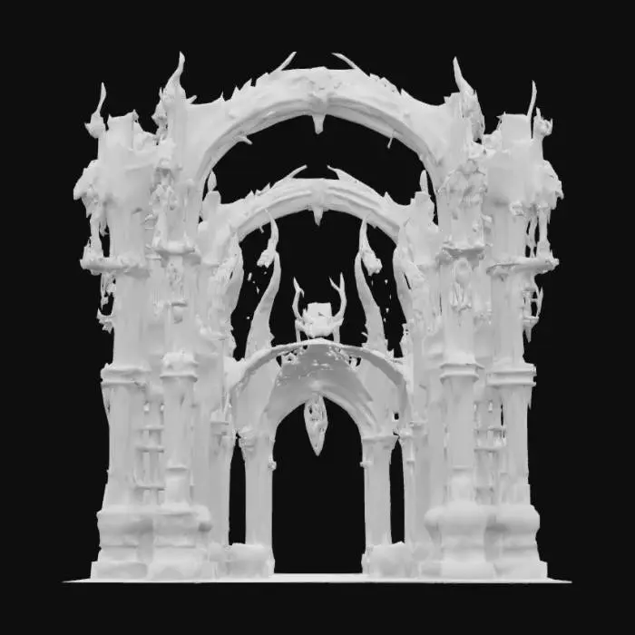 3D model for An arch demon gate stands as a towering, asymmetrical structure carved from ancient, jagged obsidian and fused with corrupted, dark bronze. Its rough, almost molten surface reveals intricate, grotesque carvings of snarling faces and twisted limbs, glowing with an internal, hellish red light that pulses through its cracks. The massive, sharp archway appears cold and abrasive to the touch, framed by monstrous, fanged columns.