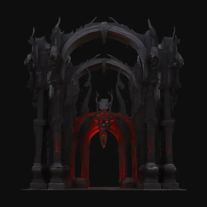 3D model for An arch demon gate stands as a towering, asymmetrical structure carved from ancient, jagged obsidian and fused with corrupted, dark bronze. Its rough, almost molten surface reveals intricate, grotesque carvings of snarling faces and twisted limbs, glowing with an internal, hellish red light that pulses through its cracks. The massive, sharp archway appears cold and abrasive to the touch, framed by monstrous, fanged columns.