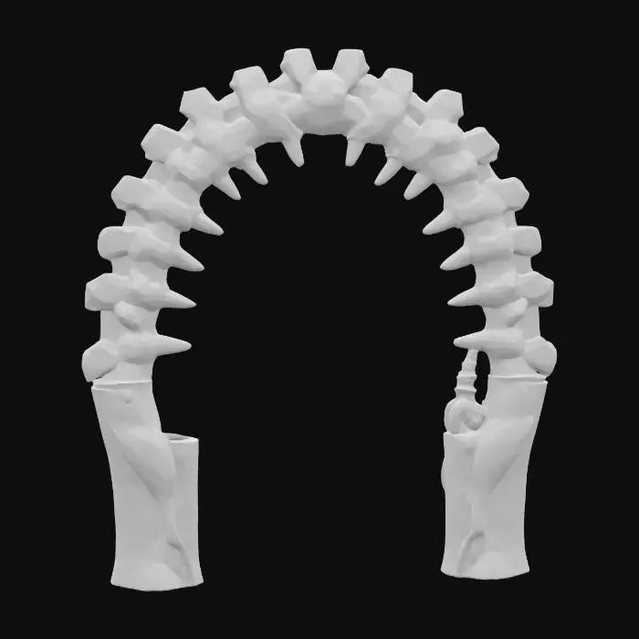3D model for #arch#, An imposing, biomechanical arch inspired by H.R. Giger, its structure a grotesque fusion of skeletal bone and dark, corroded metal. The surface features intricate, sinuous veins and rigid, chitinous ribs that define its elongated, organic curve. It boasts a cold, metallic sheen transitioning to a rough, pitted texture resembling petrified flesh. Predominantly deep grays and blacks with subtle, sickly green undertones, the arch feels both ancient and disturbingly alive.