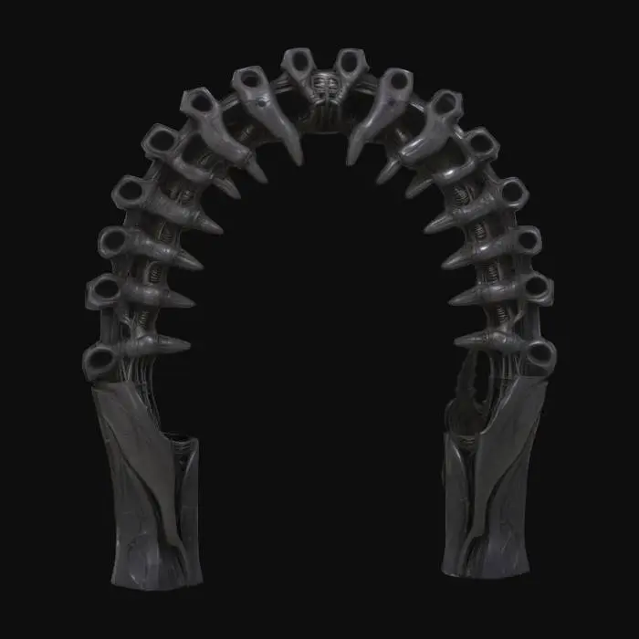 3D model for #arch#, An imposing, biomechanical arch inspired by H.R. Giger, its structure a grotesque fusion of skeletal bone and dark, corroded metal. The surface features intricate, sinuous veins and rigid, chitinous ribs that define its elongated, organic curve. It boasts a cold, metallic sheen transitioning to a rough, pitted texture resembling petrified flesh. Predominantly deep grays and blacks with subtle, sickly green undertones, the arch feels both ancient and disturbingly alive.