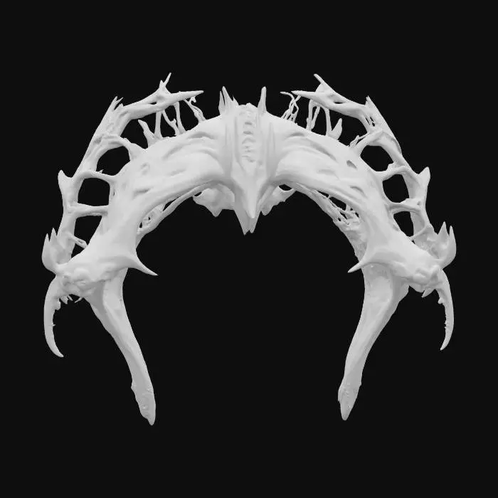 3D model for #arch#, An imposing, biomechanical arch inspired by H.R. Giger, its structure a grotesque fusion of skeletal bone and dark, corroded metal. The surface features intricate, sinuous veins and rigid, chitinous ribs that define its elongated, organic curve. It boasts a cold, metallic sheen transitioning to a rough, pitted texture resembling petrified flesh. Predominantly deep grays and blacks with subtle, sickly green undertones, the arch feels both ancient and disturbingly alive.