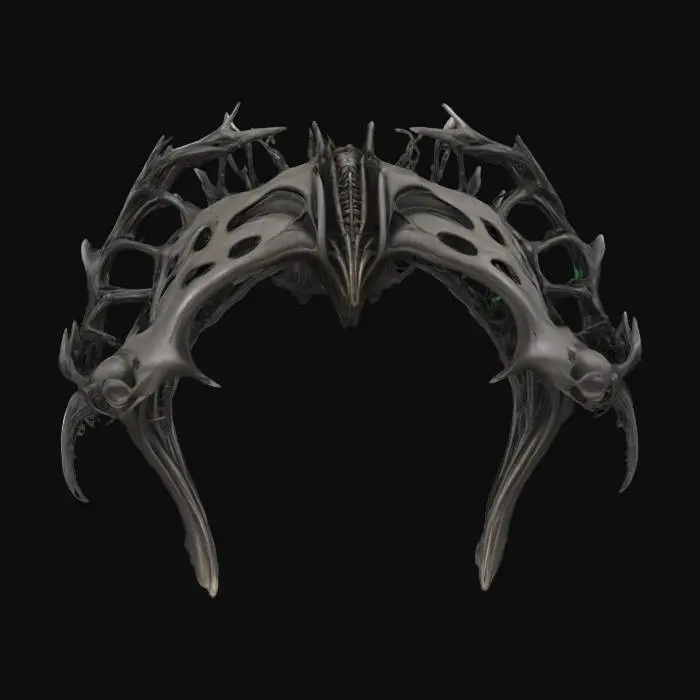 3D model for #arch#, An imposing, biomechanical arch inspired by H.R. Giger, its structure a grotesque fusion of skeletal bone and dark, corroded metal. The surface features intricate, sinuous veins and rigid, chitinous ribs that define its elongated, organic curve. It boasts a cold, metallic sheen transitioning to a rough, pitted texture resembling petrified flesh. Predominantly deep grays and blacks with subtle, sickly green undertones, the arch feels both ancient and disturbingly alive.
