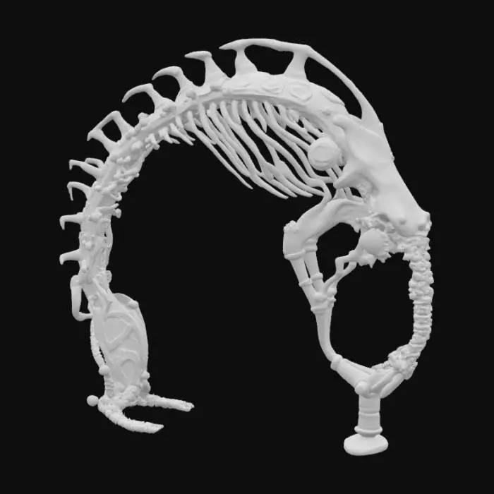 3D model for #arch#, An imposing, biomechanical arch inspired by H.R. Giger, its structure a grotesque fusion of skeletal bone and dark, corroded metal. The surface features intricate, sinuous veins and rigid, chitinous ribs that define its elongated, organic curve. It boasts a cold, metallic sheen transitioning to a rough, pitted texture resembling petrified flesh. Predominantly deep grays and blacks with subtle, sickly green undertones, the arch feels both ancient and disturbingly alive.