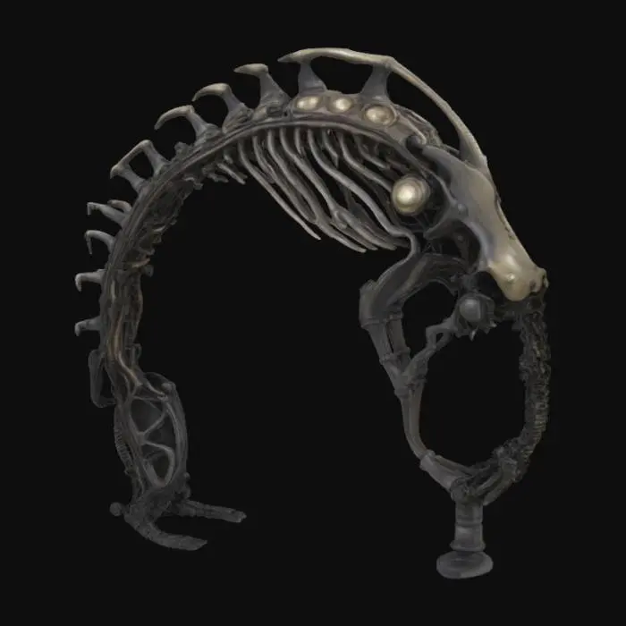 3D model for #arch#, An imposing, biomechanical arch inspired by H.R. Giger, its structure a grotesque fusion of skeletal bone and dark, corroded metal. The surface features intricate, sinuous veins and rigid, chitinous ribs that define its elongated, organic curve. It boasts a cold, metallic sheen transitioning to a rough, pitted texture resembling petrified flesh. Predominantly deep grays and blacks with subtle, sickly green undertones, the arch feels both ancient and disturbingly alive.