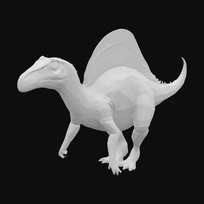 3D model for A majestic Dinosaur Queen, depicted as an elegant Spinosaurus. Its elongated snout and distinctively large dorsal sail are finely detailed with smooth, almost iridescent scales in shades of rich blue and emerald green. The sail has subtle ridges, suggesting a delicate, slightly pliable texture. It stands gracefully, poised and alert, with intelligent, dark eyes. The material appears scaly but smooth to the touch, reflecting light subtly.