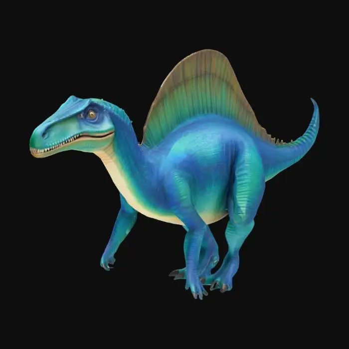 3D model for A majestic Dinosaur Queen, depicted as an elegant Spinosaurus. Its elongated snout and distinctively large dorsal sail are finely detailed with smooth, almost iridescent scales in shades of rich blue and emerald green. The sail has subtle ridges, suggesting a delicate, slightly pliable texture. It stands gracefully, poised and alert, with intelligent, dark eyes. The material appears scaly but smooth to the touch, reflecting light subtly.