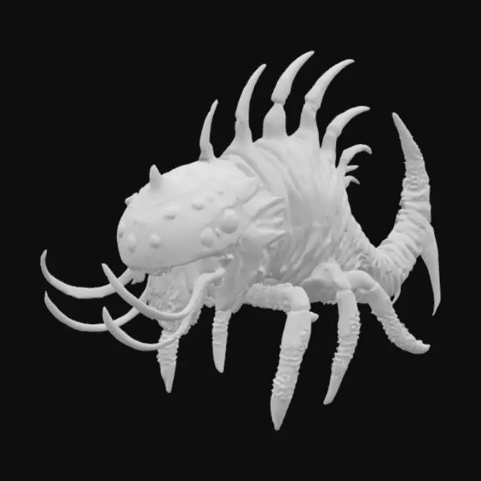 3D model for #ocean#, An H.R. Giger-inspired sea creature, featuring a skeletal, biomechanical exoskeleton with a dark, oily sheen. Its elongated body is segmented, resembling articulated chitinous plates fused with metallic elements. The texture is a grotesque blend of ribbed bone and smooth, corrosive-resistant metal, appearing both organic and industrial. Predominantly charcoal grey and deep black, with occasional highlights of oxidized copper or dull silver. Sharp, angular fins and multiple, piercing appendages protrude from its form, giving it a menacing, predatory posture.