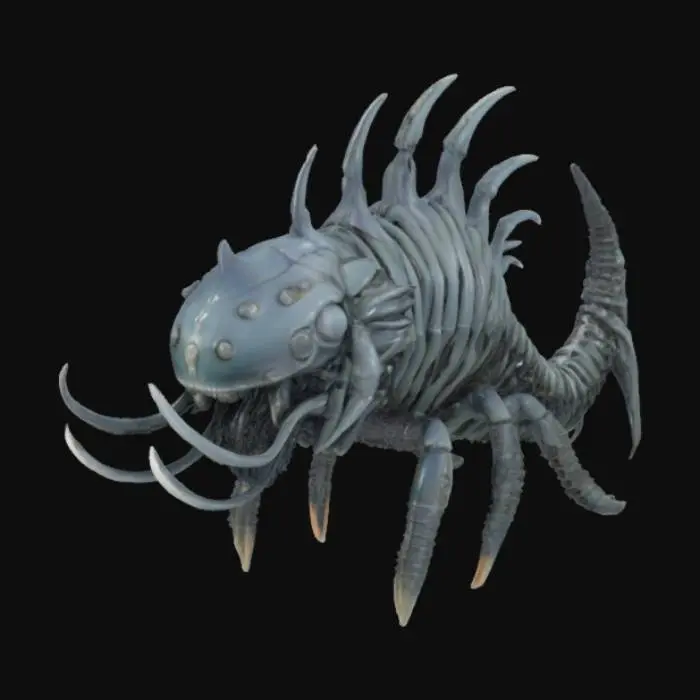 3D model for #ocean#, An H.R. Giger-inspired sea creature, featuring a skeletal, biomechanical exoskeleton with a dark, oily sheen. Its elongated body is segmented, resembling articulated chitinous plates fused with metallic elements. The texture is a grotesque blend of ribbed bone and smooth, corrosive-resistant metal, appearing both organic and industrial. Predominantly charcoal grey and deep black, with occasional highlights of oxidized copper or dull silver. Sharp, angular fins and multiple, piercing appendages protrude from its form, giving it a menacing, predatory posture.
