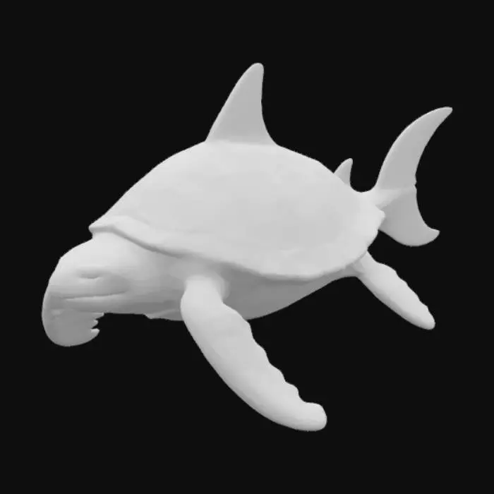 3D model for A sea turtle and shark hybrid, exhibiting the robust, dome-shaped carapace of a large sea turtle, colored in mottled shades of dark green and grey, with a smooth, leathery texture. From beneath the shell emerges a sleek, grey shark-like body, complete with dorsal and caudal fins that have a rough, cartilaginous feel. The creature's head is a blend, featuring the shark's wide mouth and keen eyes, but framed by the turtle's distinct leathery facial features and powerful flippers, providing both aquatic agility and terrestrial stability.