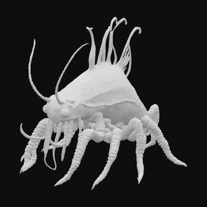 3D model for #ocean#, A creature featuring a segmented, chitinous exoskeleton, reminiscent of a trilobite's armored plates but with an elongated, flattened body shape. It possesses large, stalked compound eyes and a pair of long, grasping frontal appendages with rows of sharp spines, similar to Anomalocaris. Its surface has a rough, ancient texture, appearing fossilized with earthy tones of brown, grey, and hints of dark green, suggesting a stony or fossilized material, and feels rigid and cool to the touch.