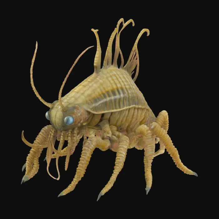 3D model for #ocean#, A creature featuring a segmented, chitinous exoskeleton, reminiscent of a trilobite's armored plates but with an elongated, flattened body shape. It possesses large, stalked compound eyes and a pair of long, grasping frontal appendages with rows of sharp spines, similar to Anomalocaris. Its surface has a rough, ancient texture, appearing fossilized with earthy tones of brown, grey, and hints of dark green, suggesting a stony or fossilized material, and feels rigid and cool to the touch.