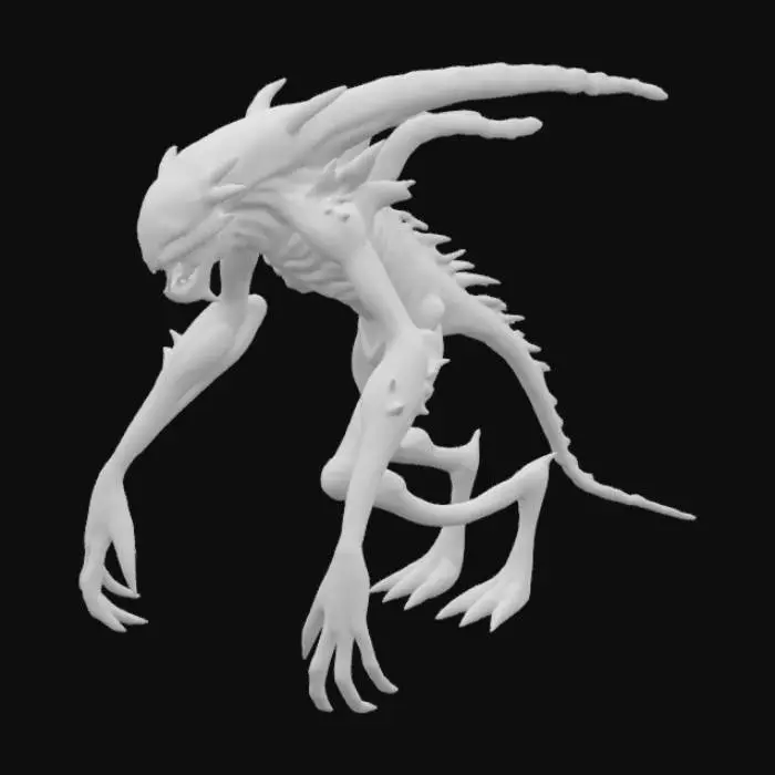 3D model for #ocean#, A gaunt humanoid ocean creature, its elongated limbs and torso appear composed of dark, chitinous plating fused with calcified, coral-like growths and glistening wet membranes. Its head is small and streamlined, featuring a series of segmented, gill-like slits and empty, sunken eye sockets. The surface is slick, feeling cold and rubbery yet rigid in places, with a mottled texture of deep grays, blues, and blacks. Sharp, bone-like protrusions extend from its back and elbows, hinting at a rigid internal structure.
