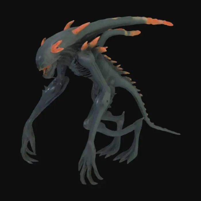 3D model for #ocean#, A gaunt humanoid ocean creature, its elongated limbs and torso appear composed of dark, chitinous plating fused with calcified, coral-like growths and glistening wet membranes. Its head is small and streamlined, featuring a series of segmented, gill-like slits and empty, sunken eye sockets. The surface is slick, feeling cold and rubbery yet rigid in places, with a mottled texture of deep grays, blues, and blacks. Sharp, bone-like protrusions extend from its back and elbows, hinting at a rigid internal structure.