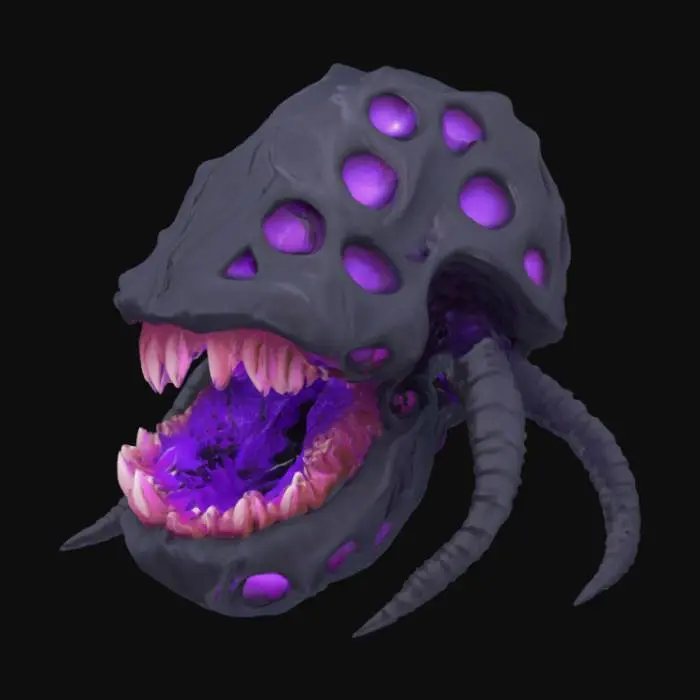 3D model for An abyssal entity composed of undulating, pitch-black biomass, resembling thick, viscous tar. Its surface constantly shifts, revealing momentary glimpses of a deep purple luminescence within. Large, jagged teeth, like shards of broken ceramic, sporadically extrude and retract from its formless body, which oozes a thick, sticky residue. The overall shape is amorphous and ever-changing, making it feel unsettlingly fluid and formless to the touch.