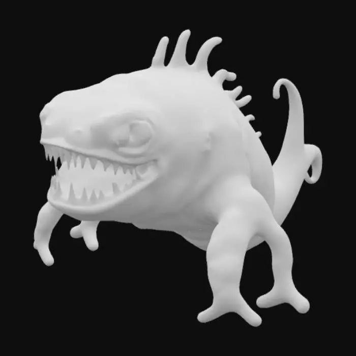 3D model for An abyssal entity composed of undulating, pitch-black biomass, resembling thick, viscous tar. Its surface constantly shifts, revealing momentary glimpses of a deep purple luminescence within. Large, jagged teeth, like shards of broken ceramic, sporadically extrude and retract from its formless body, which oozes a thick, sticky residue. The overall shape is amorphous and ever-changing, making it feel unsettlingly fluid and formless to the touch.