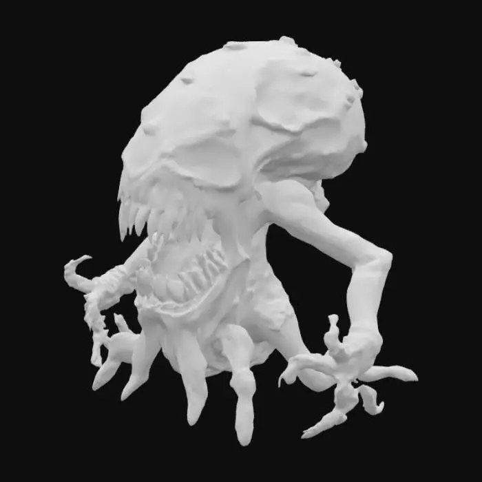 3D model for An abyssal entity composed of undulating, pitch-black biomass, resembling thick, viscous tar. Its surface constantly shifts, revealing momentary glimpses of a deep purple luminescence within. Large, jagged teeth, like shards of broken ceramic, sporadically extrude and retract from its formless body, which oozes a thick, sticky residue. The overall shape is amorphous and ever-changing, making it feel unsettlingly fluid and formless to the touch.