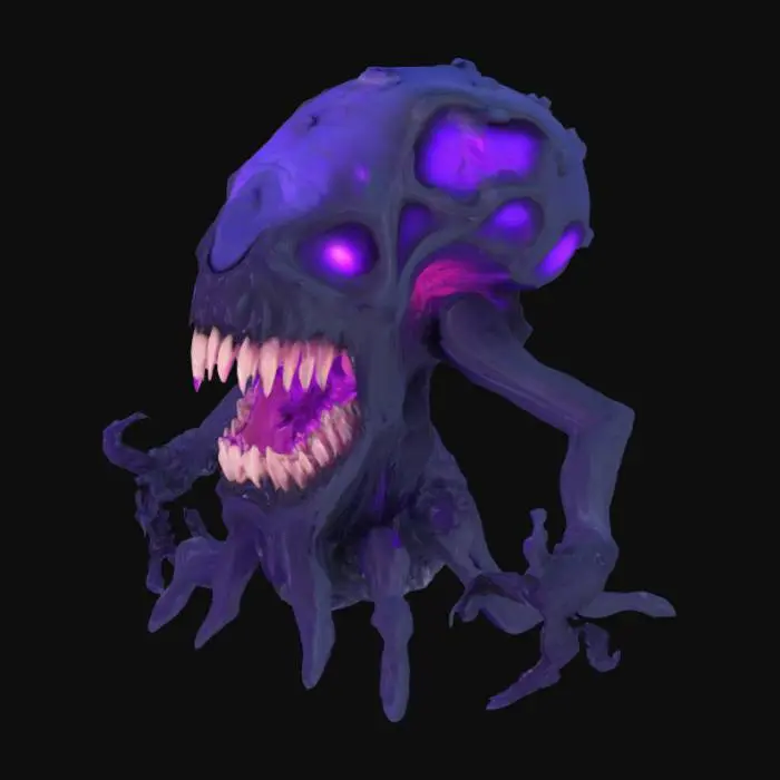 3D model for An abyssal entity composed of undulating, pitch-black biomass, resembling thick, viscous tar. Its surface constantly shifts, revealing momentary glimpses of a deep purple luminescence within. Large, jagged teeth, like shards of broken ceramic, sporadically extrude and retract from its formless body, which oozes a thick, sticky residue. The overall shape is amorphous and ever-changing, making it feel unsettlingly fluid and formless to the touch.