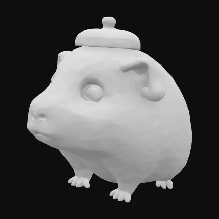 3D model for A humble guinea pig pawn, small and compact, with soft, light brown and white patches of fur. It has a simple, rounded cap of smooth, light-colored wood atop its head. Its expression is unassuming, with small, curious eyes. The pawn feels light and somewhat unassuming, yet perfectly formed and tactile.