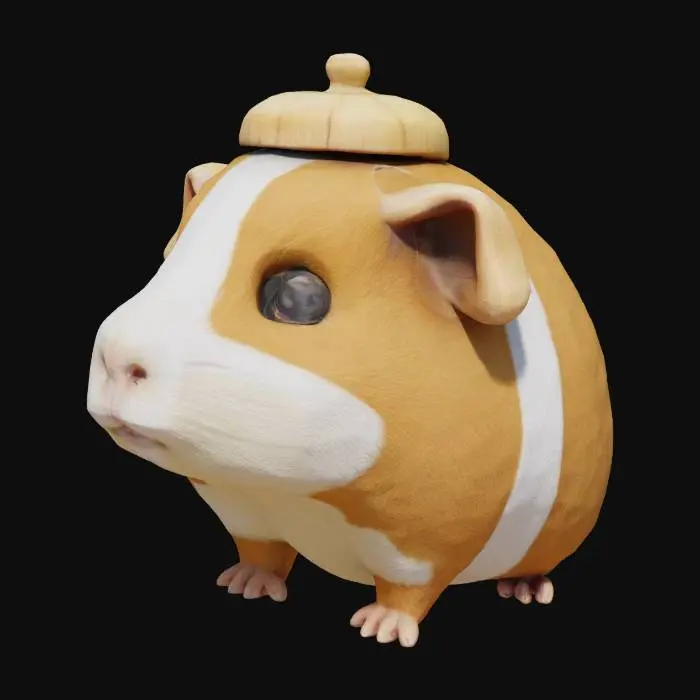 3D model for A humble guinea pig pawn, small and compact, with soft, light brown and white patches of fur. It has a simple, rounded cap of smooth, light-colored wood atop its head. Its expression is unassuming, with small, curious eyes. The pawn feels light and somewhat unassuming, yet perfectly formed and tactile.