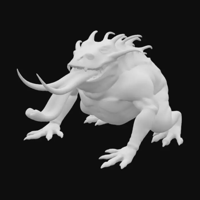 3D model for A monstrous creature with a squat, muscular body covered in dark, leathery scales that are rough to the touch. Its most prominent feature is a massive, prehensile tongue, a sickeningly vibrant pink, that constantly lashes and extends. The tongue's surface is slick with viscous fluid, covered in oversized, warty taste buds, some ending in barbed tips. Its head is small, almost swallowed by the huge mouth that houses the powerful, coiling tongue.