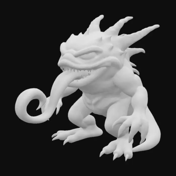 3D model for A monstrous creature with a squat, muscular body covered in dark, leathery scales that are rough to the touch. Its most prominent feature is a massive, prehensile tongue, a sickeningly vibrant pink, that constantly lashes and extends. The tongue's surface is slick with viscous fluid, covered in oversized, warty taste buds, some ending in barbed tips. Its head is small, almost swallowed by the huge mouth that houses the powerful, coiling tongue.