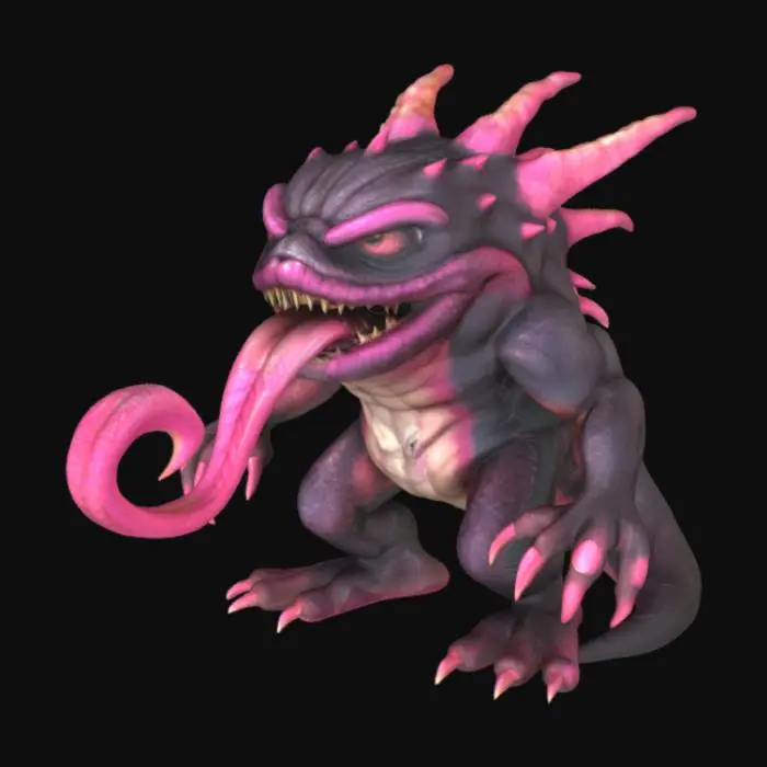 3D model for A monstrous creature with a squat, muscular body covered in dark, leathery scales that are rough to the touch. Its most prominent feature is a massive, prehensile tongue, a sickeningly vibrant pink, that constantly lashes and extends. The tongue's surface is slick with viscous fluid, covered in oversized, warty taste buds, some ending in barbed tips. Its head is small, almost swallowed by the huge mouth that houses the powerful, coiling tongue.