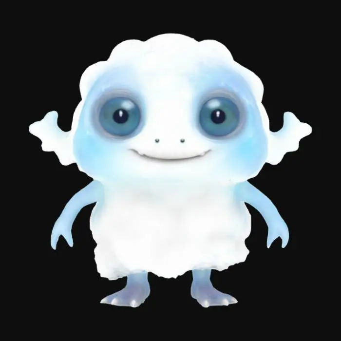 3D model for A whimsical monster made of a soft, cloud-like material, appearing translucent white with a hint of pastel blue. It floats gently, its form ever-so-slightly shifting, with two large, dewy eyes and a small, delicate smile. Its texture would be incredibly light and airy, almost imperceptible. It has small, wing-like appendages that flutter subtly, giving it a dreamlike, ethereal presence.