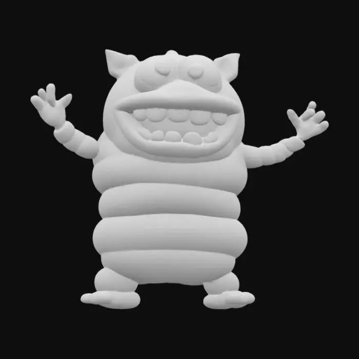 3D model for A playful monster with a metallic, polished pink surface, like lacquered candy. Its body is a series of stacked, rounded spheres, connected by flexible joints, giving it a bouncy appearance. It has two large, expressive blue eyes that reflect light, and small, rounded ears. The material feels cool and smooth to the touch, and it maintains an excited, slightly tilted posture, as if ready to pounce.