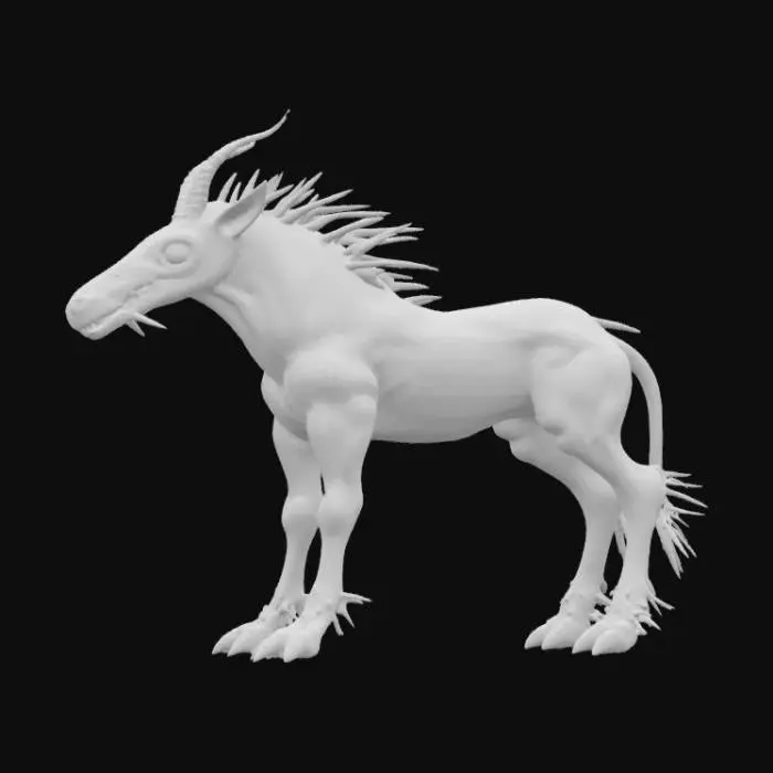3D model for A grotesque equine creature possesses a lean, powerful build with taut, leathery hide in muted, earthy tones. Its face is dominated by a large, bone-like beak, smooth yet sharply defined, resembling a pale, macabre death mask with hollow eye sockets. A formidable mane of jagged, dark obsidian spikes erupts from its neck, rigid and menacing. Instead of hooves, its powerful legs terminate in sharp, predatory claws, crafted from a dense, dark material with a polished, almost metallic sheen.