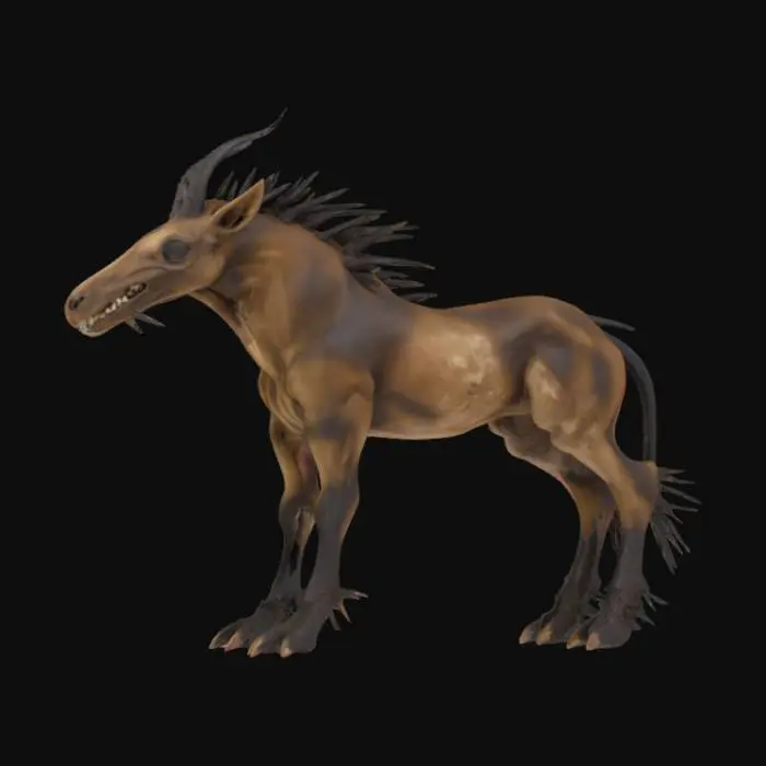 3D model for A grotesque equine creature possesses a lean, powerful build with taut, leathery hide in muted, earthy tones. Its face is dominated by a large, bone-like beak, smooth yet sharply defined, resembling a pale, macabre death mask with hollow eye sockets. A formidable mane of jagged, dark obsidian spikes erupts from its neck, rigid and menacing. Instead of hooves, its powerful legs terminate in sharp, predatory claws, crafted from a dense, dark material with a polished, almost metallic sheen.