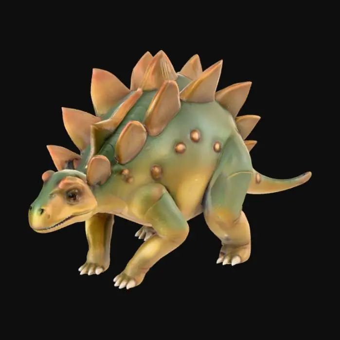 3D model for A delightful baby Stegosaurus, presenting a compact, rounded body with a series of small, gently sloping plates along its back, terminating in a short, stubby tail equipped with tiny, blunt thagomizers. Its skin possesses a soft, leathery texture, possibly with a subtle sheen, and is colored in a palette of warm, earthy browns and leafy greens. The head is small and endearing, with large, curious eyes. Its short, sturdy legs provide a stable and appealing form.