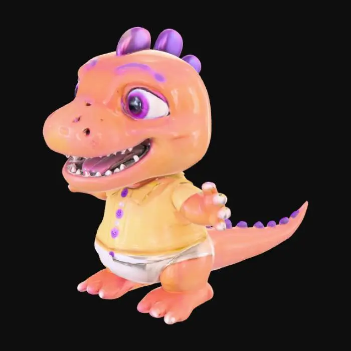 3D model for A pudgy, bipedal baby dinosaur character with smooth, pinkish-orange skin that has hints of purple on its short, banded tail. It has a significantly oversized, round head, large, expressive magenta eyes with dark pupils, and a wide, toothless grin. The creature wears a light yellow, short-sleeved shirt with small circular buttons and a plain white fabric diaper. Its arms and legs are thick and soft-looking, posed as if reaching outwards.