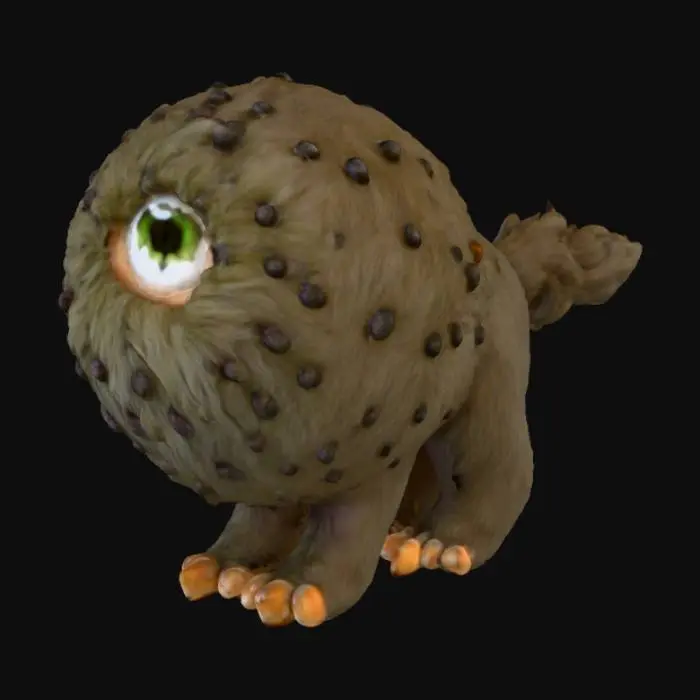 3D model for A spherical creature, a soft, dense ball of plush, matted fur, likely a mottled grey or ginger. Its texture appears deeply fluffy and inviting to touch. A single prominent, glossy eye, possibly amber or green, stares from its rounded front. Beneath its mass, four small, stubby cat paw feet emerge, complete with tiny, defined toe beans and a hint of soft pads, giving it a whimsical and grounded form.