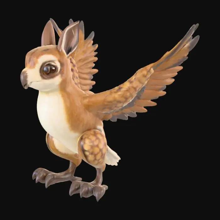 3D model for A small hawk-bunny hybrid has a compact body covered in soft, mottled brown and white fur, typical of a rabbit. Its head features long, twitching bunny ears, a sharp, hooked beak, and piercing golden hawk eyes. From its back, sleek, feathered wings with variegated brown and cream plumage extend. Its powerful hind legs retain a rabbit-like structure, but culminate in small, sharp talons, blending agility with a predatory edge.