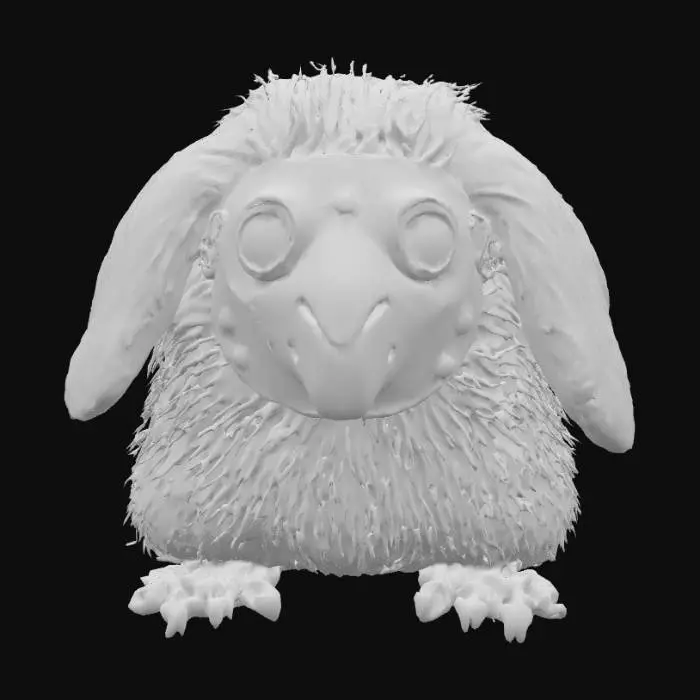 3D model for A classic plague doctor's mask, crafted from stiff, dark brown leather with visible stitching, rests snugly on the head of a fluffy, light grey bunny. The mask features two prominent, circular glass lenses that sit over the bunny's wide, dark eyes, and a long, sharply curved beak that extends forward. The leather appears aged and slightly worn, contrasting with the bunny's incredibly soft, dense fur, which peeks out around the mask's edges and from its long, expressive ears that stand upright.