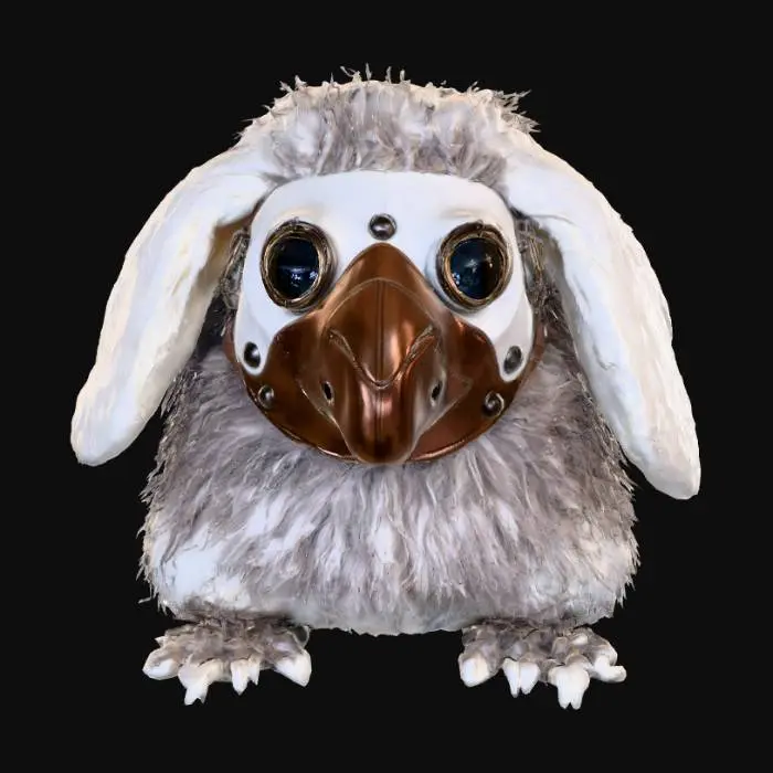 3D model for A classic plague doctor's mask, crafted from stiff, dark brown leather with visible stitching, rests snugly on the head of a fluffy, light grey bunny. The mask features two prominent, circular glass lenses that sit over the bunny's wide, dark eyes, and a long, sharply curved beak that extends forward. The leather appears aged and slightly worn, contrasting with the bunny's incredibly soft, dense fur, which peeks out around the mask's edges and from its long, expressive ears that stand upright.
