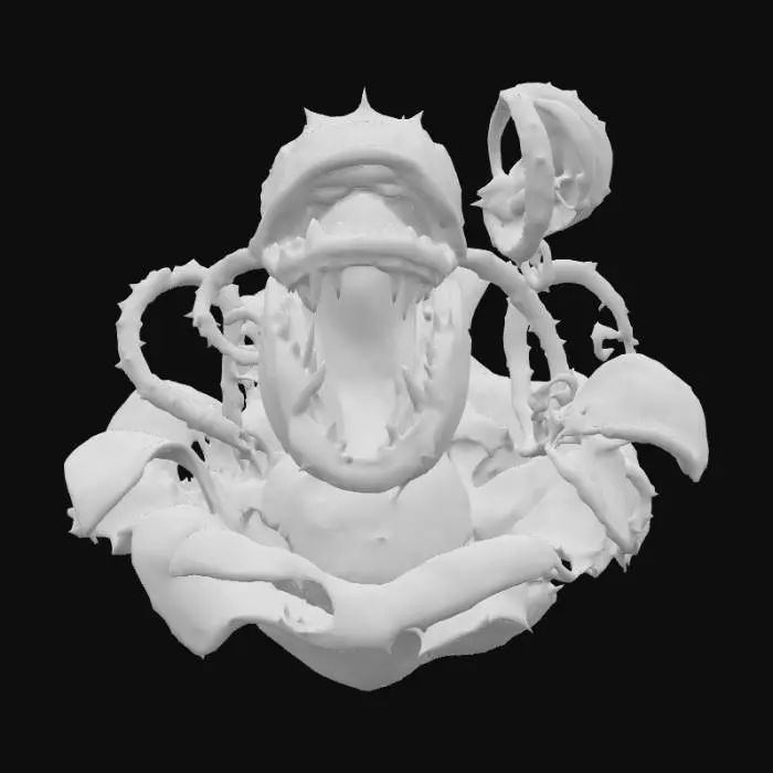 3D model for A monstrous, carnivorous plant, Audrey II possesses a grotesque bulbous body with a large, gaping maw revealing rows of sharp, yellowish teeth. Its leathery, veined skin is a mottled mix of deep greens, purples, and reddish-browns, suggesting a fleshy, almost slimy texture. Numerous thick, coiling tendrils emerge from its base, acting as roots or limbs, while its predatory expression conveys hunger and menace.