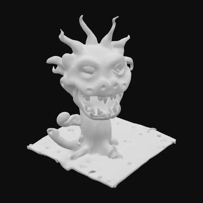 3D model for A monstrous, carnivorous plant, Audrey II possesses a grotesque bulbous body with a large, gaping maw revealing rows of sharp, yellowish teeth. Its leathery, veined skin is a mottled mix of deep greens, purples, and reddish-browns, suggesting a fleshy, almost slimy texture. Numerous thick, coiling tendrils emerge from its base, acting as roots or limbs, while its predatory expression conveys hunger and menace.