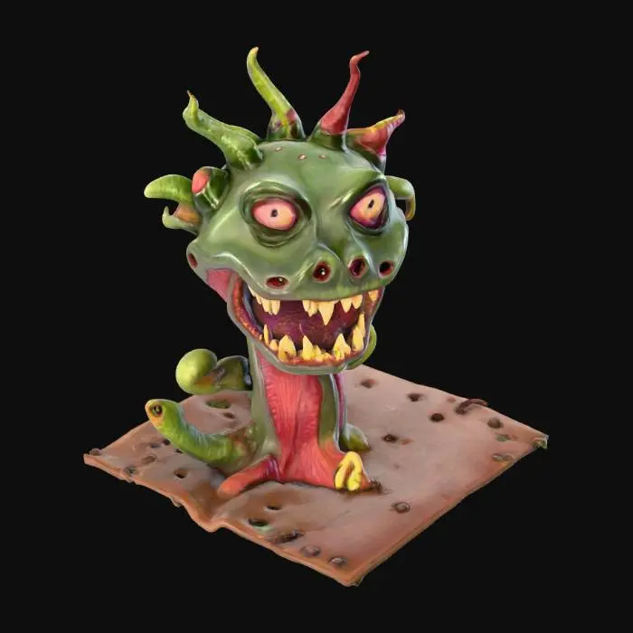 3D model for A monstrous, carnivorous plant, Audrey II possesses a grotesque bulbous body with a large, gaping maw revealing rows of sharp, yellowish teeth. Its leathery, veined skin is a mottled mix of deep greens, purples, and reddish-browns, suggesting a fleshy, almost slimy texture. Numerous thick, coiling tendrils emerge from its base, acting as roots or limbs, while its predatory expression conveys hunger and menace.