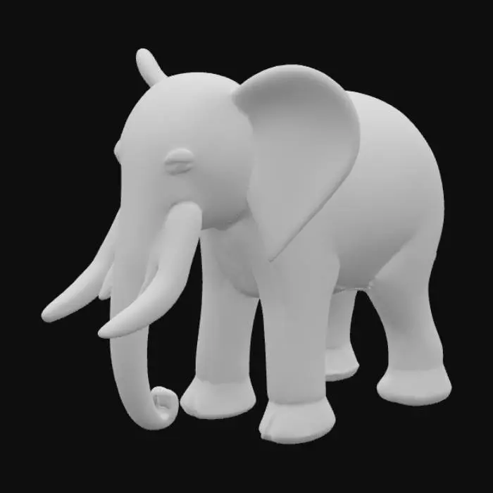 3D model for An intricately sculpted elephant figure is crafted entirely from clear, polished glass, giving it a translucent and ethereal appearance. Its surface is smooth and cool to the touch, with subtle curves defining its robust body, four sturdy legs, and long, graceful trunk. The ears are broad and flat, and the tusks are delicately tapered. Light refracts through its form, creating subtle prismatic effects, highlighting the elegant, flowing lines of its anatomy.
